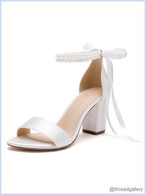 Satin Pearl Open Toe High Heel Wedding Sandals Ankle Strap Bridal Prom